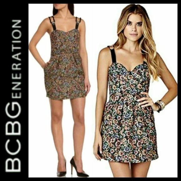 BCBGenerationBrocadeBustierFloralPrintFauxLeatherTrimPartySexyMiniDress Fit4-6 - Picture 1 of 12